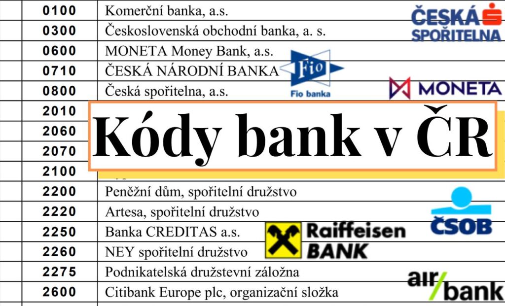 Banky v ČR a kódy bank plus číselníky v seznamu a tabulce
